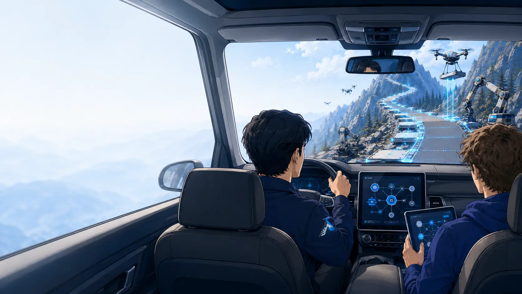 Illustration: a Talvex engineer drives while the client rides alongside, both watching the road ahead being built out in front of them, with the route and system diagrams on the dashboard screens.